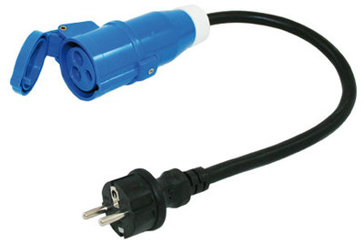 Kabel 25m. CEE incl winkelstekker(haakse koppeling) en verloop